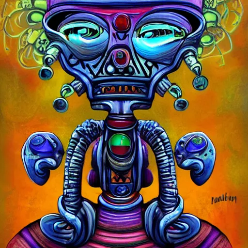 Image similar to alien robot shaman, talisman, prism, lowbrow surrealism