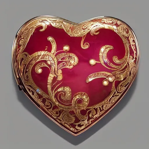 Prompt: a museum gallery photo of an antique heart - shaped powder compact made of rose gold with transparent red basse - taille enamel over guilloche engravings surrounding a large ruby cabochon set in the center of the lid and decorative crown - shaped filigree along the hinge. cosmic heart compact in the style of the house of faberge.