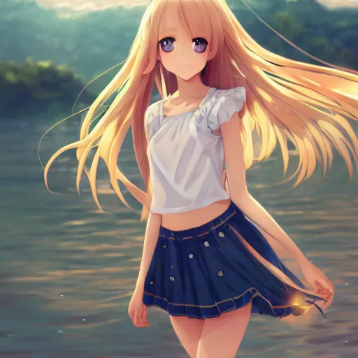 Prompt: a very beautiful anime girl, full body, long golden hair, sky blue eyes, full round face, short smile, mini jeans skirt, cute top, lake summer setting, cinematic lighting, medium shot, mid-shot, highly detailed, trending on Artstation, Unreal Engine 4k, cinematic wallpaper by Stanley Artgerm Lau, WLOP, Rossdraws, James Jean, Andrei Riabovitchev, Marc Simonetti, and Sakimichan