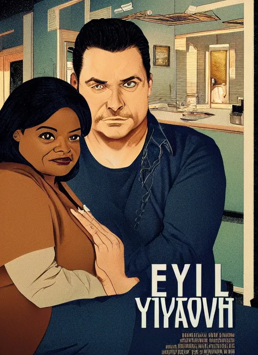 Image similar to psychological thriller I Only Have Eyes For You poster artwork the by Michael Whelan and James Jean, of Octavia Spencer has mysterious man's voice in her head telling her what to do, psychological thriller romance from scene from Twin Peaks, clean, beautifully rendered shaded but simple illustration, nostalgic, domestic, full of details