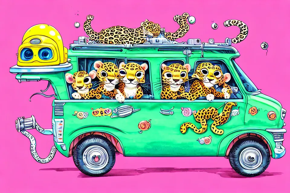 Image similar to cute and funny, baby leopard wearing a helmet riding in a mystery machine van, ratfink style by ed roth, centered award winning watercolor pen illustration, isometric illustration by chihiro iwasaki, edited by range murata, tiny details by artgerm and watercolor girl, symmetrically isometrically centered, sharply focused