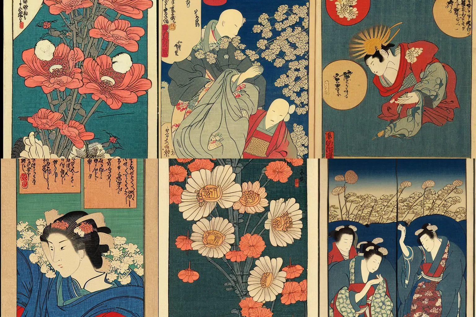 Prompt: renaissance flower painting as an ukiyo-e woodblock print in the style of hiroshige