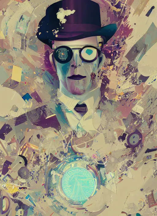 Image similar to arrogant elegant man travels through time via steampunk portals, pixiv fanbox, dramatic lighting, maximalist pastel color palette, splatter paint, pixar and disney exploded - view drawing, graphic novel by fiona staples and dustin nguyen, peter elson, alan bean, wangechi mutu, clean cel shaded vector art, trending on artstation