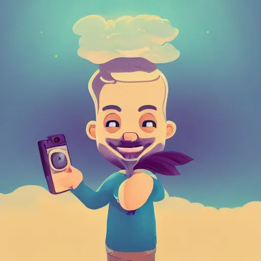 Image similar to cute cartoon character, curled perspective, digital art, baby girl, smiling beard grandpa taking photo, old photo camera, anton fadeev