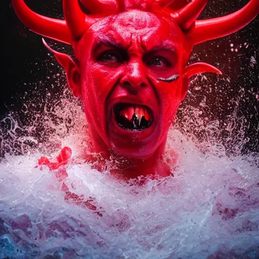 Prompt: a devilish red monster with horns emerging from boiling rough seas, close - up portrait photo by david lachapelle, masterpiece, trending on flickr