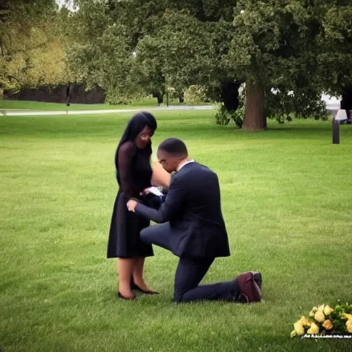 Prompt: a man proposes to his girlfriend at a funeral