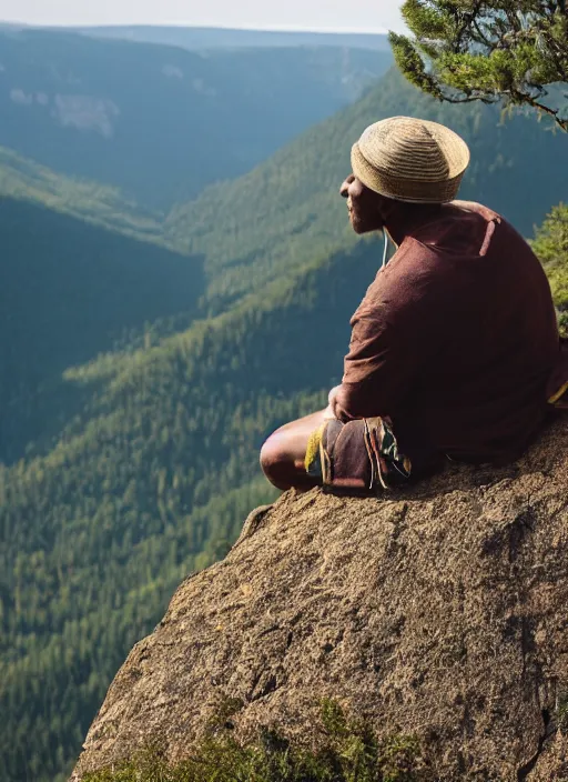 Image similar to an indigenous man sitting at the top of a cliff, looking down at the valley, doing a vision quest