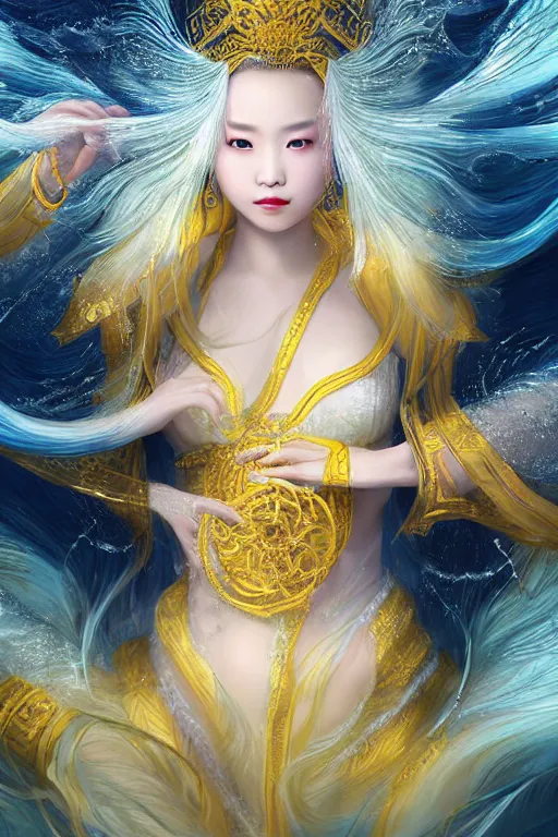 Image similar to a beautiful young asian woman, Queen of the Sea Mu Yanling, long flowing white hair, blue yellow robe with wide feather like quality, water flowing and floating around, young female face, liquid magic, cinematic top lighting, insanely detailed and intricate, face by wlop, Charlie Bowater, golden ratio, symmetric, elegant, ornate, luxury, elite, matte painting, MTG, magic the gatheing, cinematic, cgsociety, 8k, high resolution,