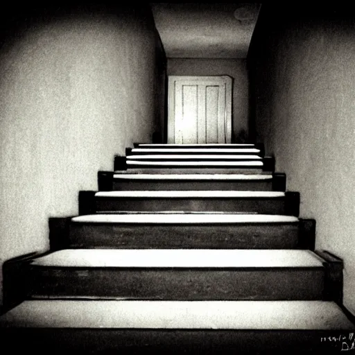 Image similar to dark stairs hallway, vintage, 3 5 mm film, 4 k, 8 k, photorealistic, polaroid, film grain, iso noise, burned pixels