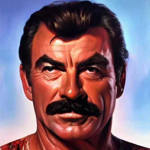 Image similar to ultra realistic portrait painting of tom selleck, art by frank frazetta, 4 k, ultra realistic, highly detailed, epic lighting