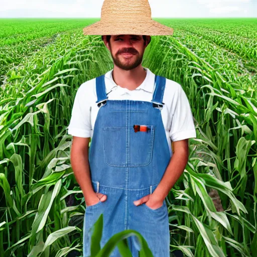 Prompt: a photo of a robot farmer wearing a straw hat blue overalls in the corn field, photorealistic, 8 k, castle background