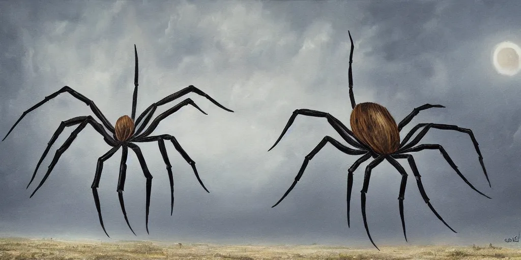 Image similar to surreal painting of giant spider walking through an abandoned town