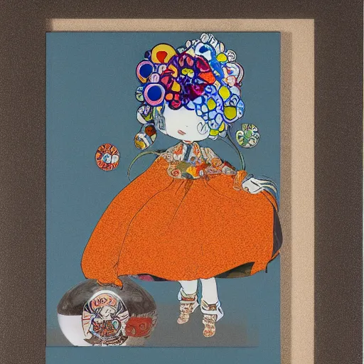 Image similar to by takashi murakami paper embossing, field of view forbidding. a collage of a young woman holding an orange