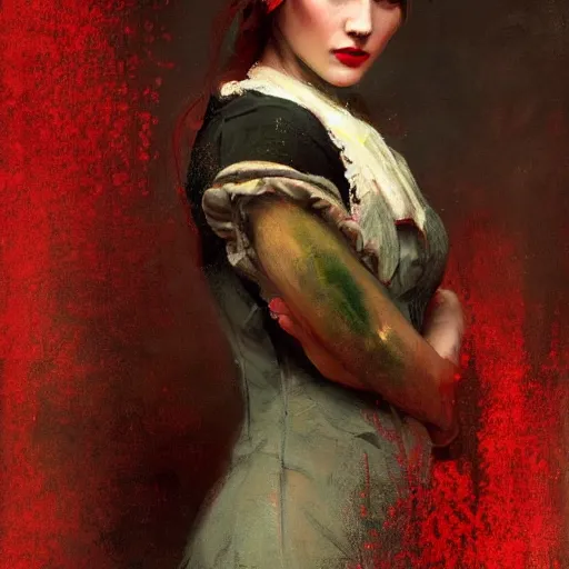 Image similar to Solomon Joseph Solomon and Richard Schmid and Jeremy Lipking victorian genre painting portrait painting of a young beautiful woman marverl DC comic book character fantasy costume, red background