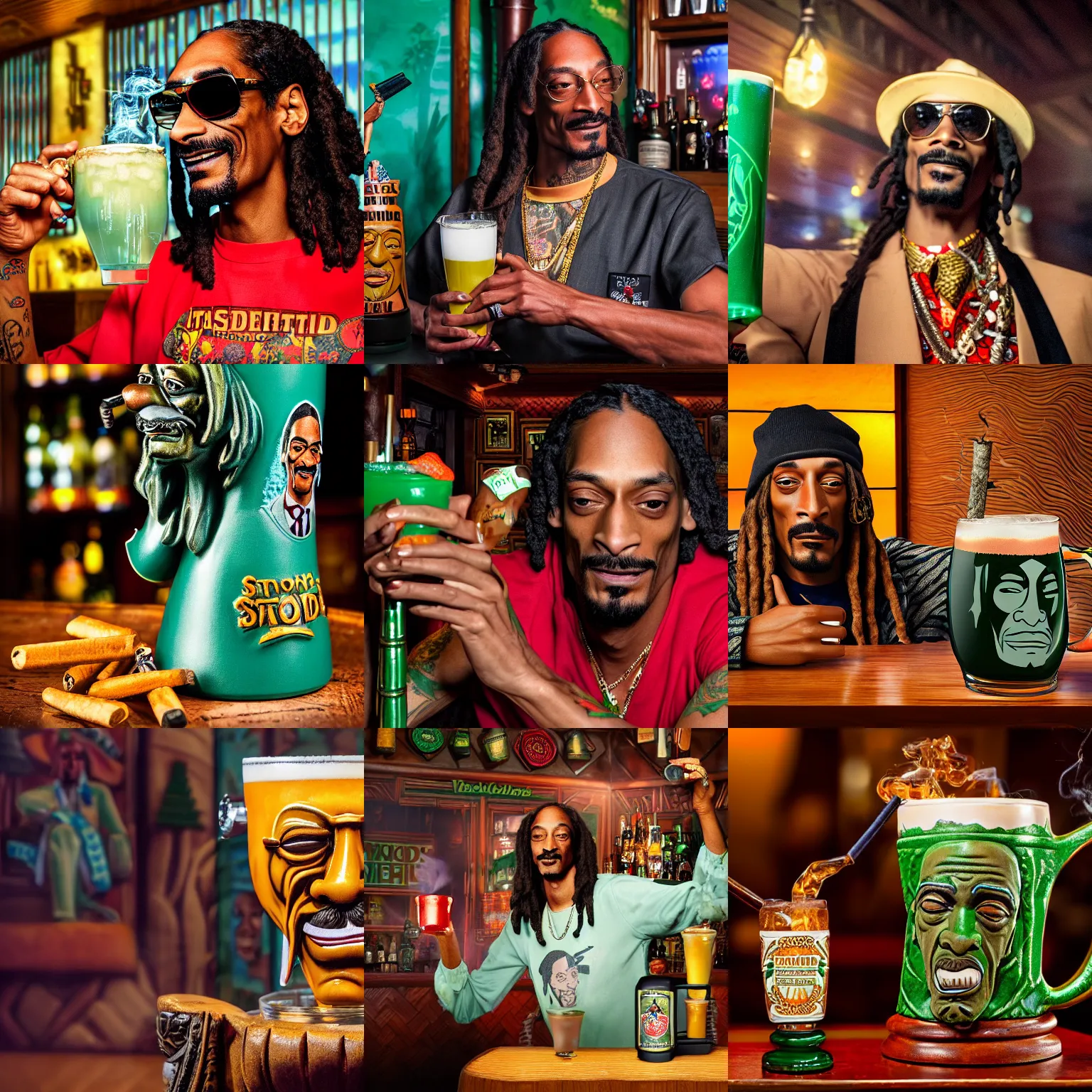 Prompt: a closeup photorealistic photograph of stoned smoking snoop dogg at trader vic's bar holding up a trader vic's tiki mug featuring snoop dogg's face. tiki culture. brightly lit scene. this 4 k hd image is trending on artstation, featured on behance, well - rendered, extra crisp, features intricate detail, epic composition and the style of unreal engine.