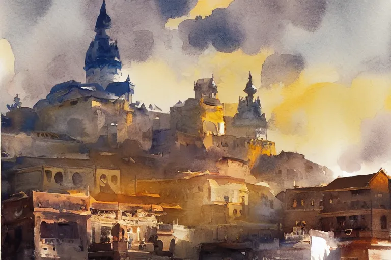 Image similar to small centered on watercolor paper, paint brush strokes, abstract watercolor painting of ancient city palace, cinematic light, national romanticism by hans dahl, by jesper ejsing, by anders zorn, by greg rutkowski, by greg manchess, by tyler edlin