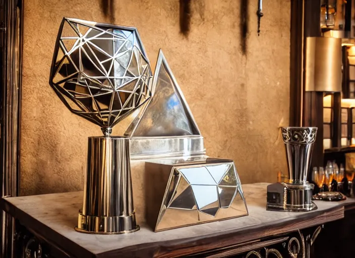 Image similar to a reflective geometric steel engineering trophy at a high end bar in a medieval themed castle in golden afternoon light, professional food photography