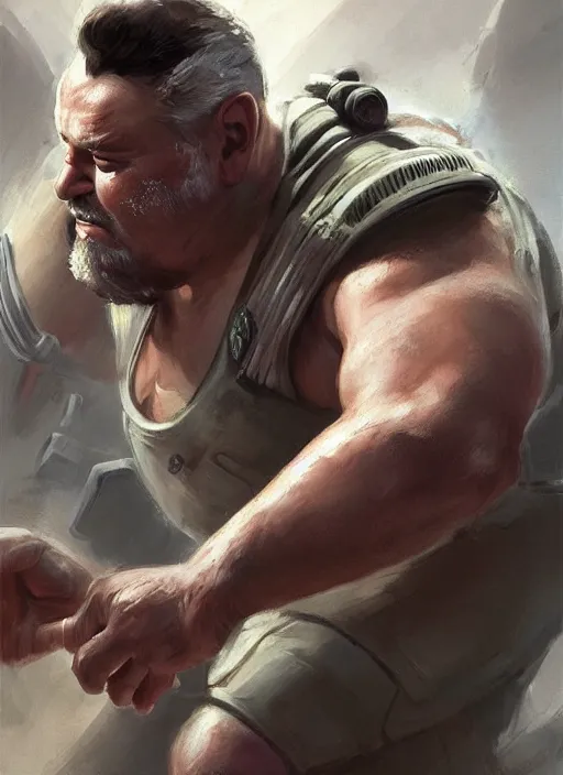 Prompt: Gerry Scotti fighting on a 1940s battlefield, upper body close up, elegant, digital painting, concept art, smooth, sharp focus, illustration, from StarCraft by Ruan Jia and Mandy Jurgens and Artgerm and William-Adolphe Bouguerea