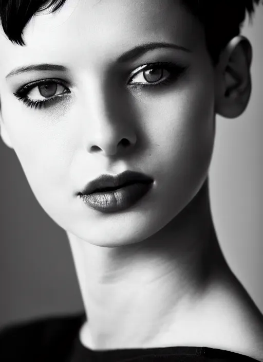 Prompt: black and white portrait photo of beautiful young sexy female model with black short hair pinned up, seductive glance, broken smile, symmetric face, symmetric eyes, natural light, low contrast, photo by Peter Lindbergh, 8K