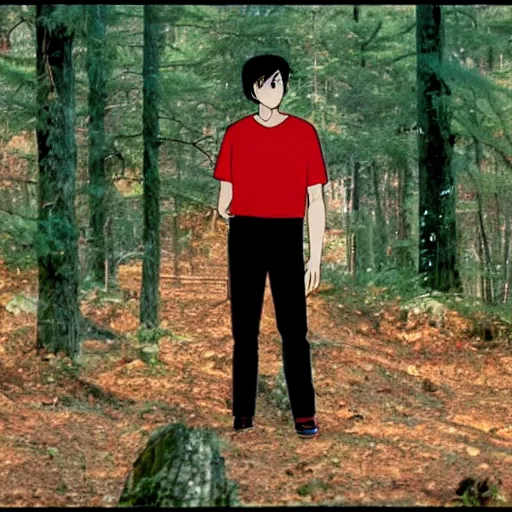 Image similar to a still of a 90s OVA of a man with black hair wearing a red shirt in a forest