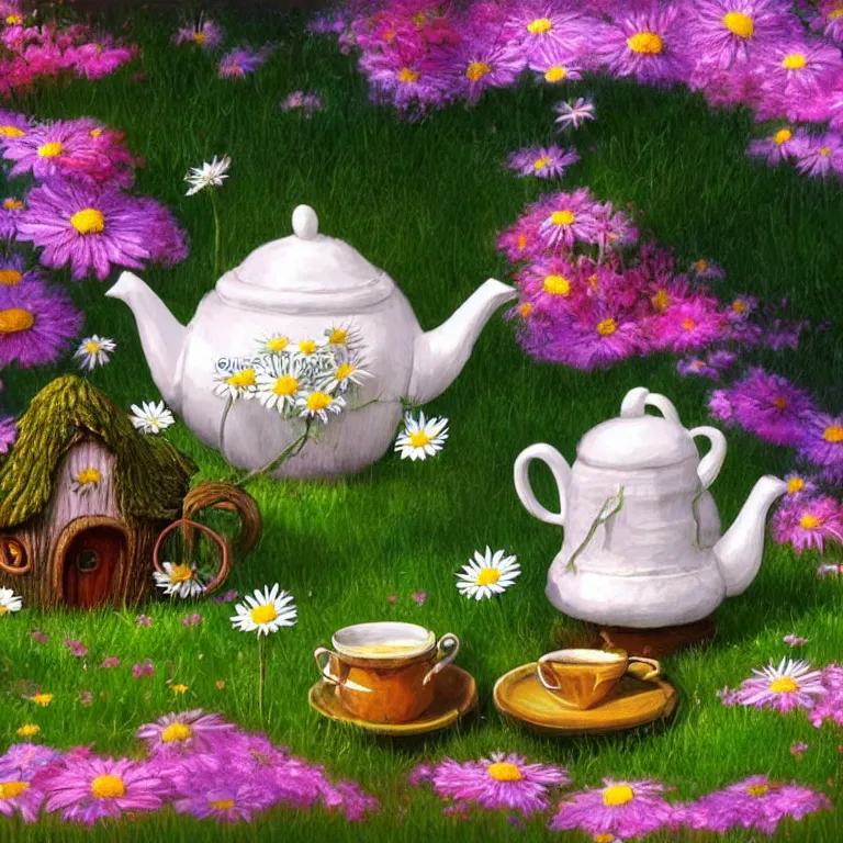 Prompt: close - up of a teapot, fairy house with daisies on a bed of grass by alex horley orlandelli, fantasy, artstation, smooth, illustration
