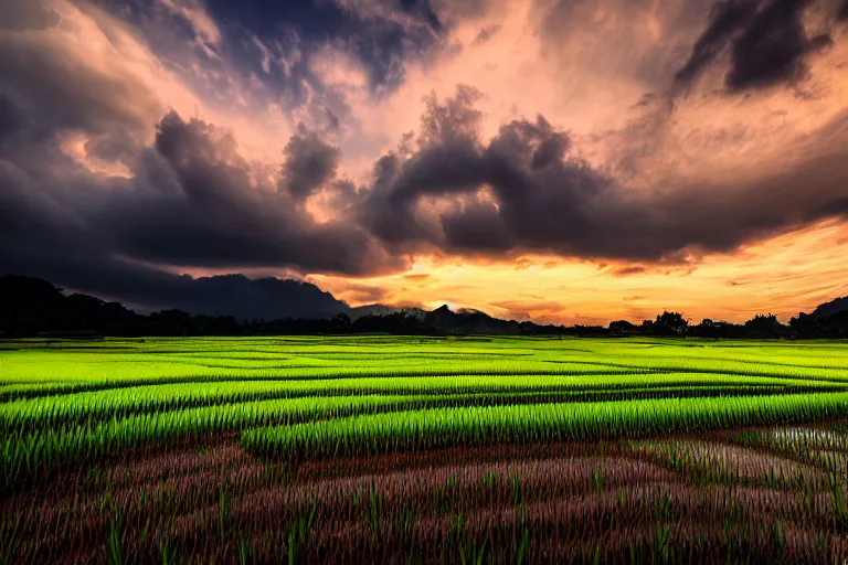 Image similar to a beautiful landscape photography of Gunung Jerai, Yan, Malaysia with a paddy field, dramatic sky, 500px, cinematic lighting, wide angle,sunrise, award winning, 8K photo realism