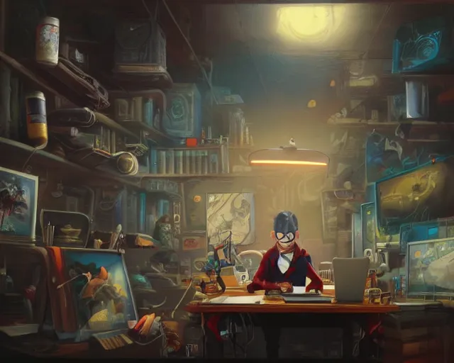 Image similar to an insanely detailed painting of a nerdy asian man wearing a superhero costume, sitting at a desk, staring at the nervously at the computer and typing, in the style of peter mohrbacher, dramatic lighting and composition, surreal background, octane render, pixar, trending on artstation, concept art, comic book, view from behind