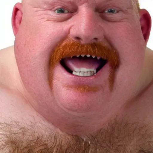 Image similar to 3 / 4 upper body of a 5 0 year old ginger men with crooked teeth, balding, overweight