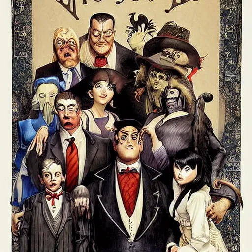 Image similar to the addams family as hillbillies in texas y j. c. leyendecker, yoji shinkawa, katayama bokuyo