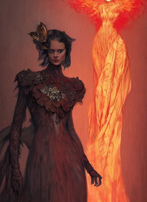 Prompt: Girl at a fashion show in hell, model a magnificent McQueen couture bright clothes, fashion style, horror, fire, lava, intricate, elegant, highly detailed, artstation, concept art, smooth, sharp focus, illustration, art by and greg rutkowski and orientalism and bouguereau and Zdzislaw Beksinski