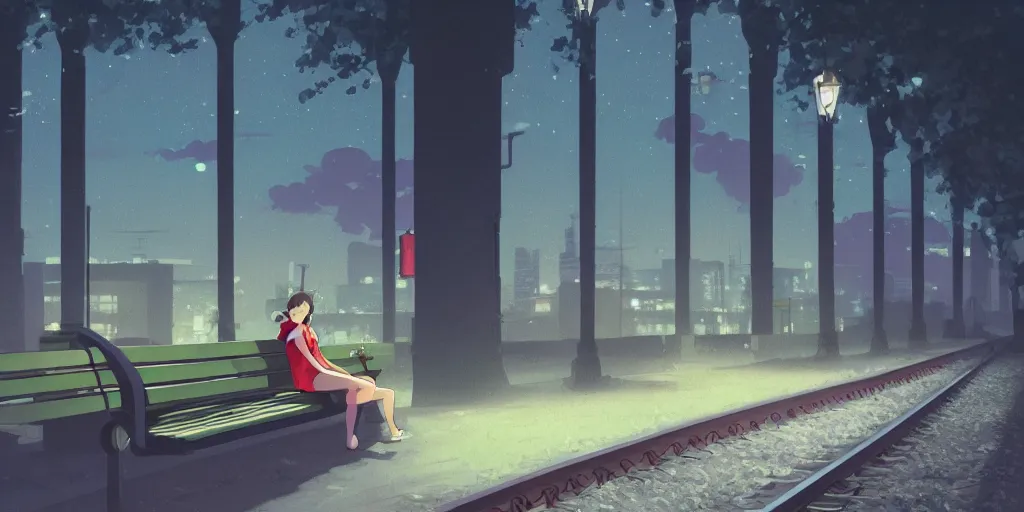 Prompt: lonely girl sitting on a bench waiting at a train station, evening, detailed matte painting, low angle view, telephoto lens, bokeh, studio ghibli, artstation