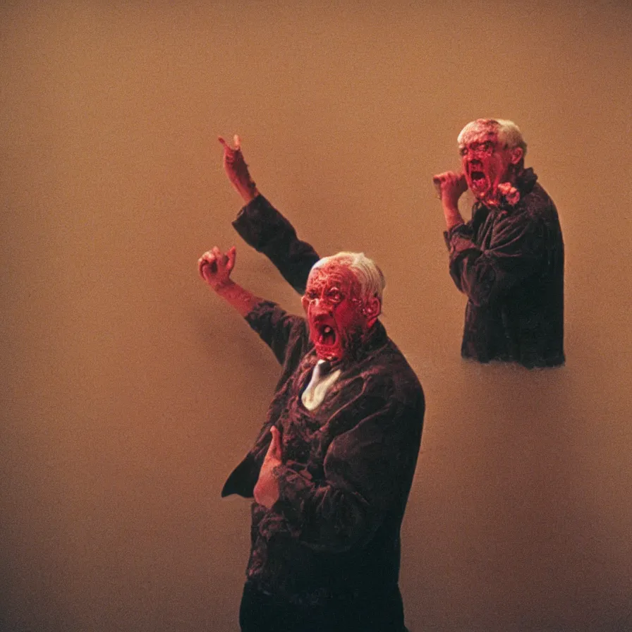 Prompt: 9 0 s movie still of an old man yelling in an empty soviet ballroom flooded with blood, cinestill 8 0 0 t 3 5 mm, heavy grain, high quality, high detail