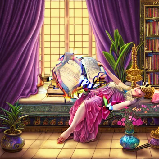 Image similar to a detailed fantasy pastel portrait of a woman wizard in ornate clothing lounging on a purpur pillow on the marble floor in front of her bookcase in a room, reading an ancient tome. to the side is a potted plant, moody light. ancient retrofuturistic setting. 4 k key art. raytracing, perspective, by chie yoshii and yoshitaka amano.