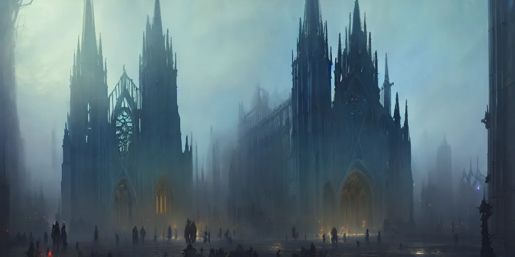 Prompt: a gothic cathedral standing in the middle of a city, extremely detailed digital painting, in the style of fenghua zhong and ruan jia and jeremy lipking and peter mohrbacher, mystical colors, rim light, beautiful lighting, 8 k, stunning scene, raytracing, octane, trending on artstation