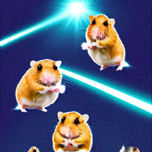 Image similar to hamsters in a james bond film with lasers on their mounted on their heads, digital art