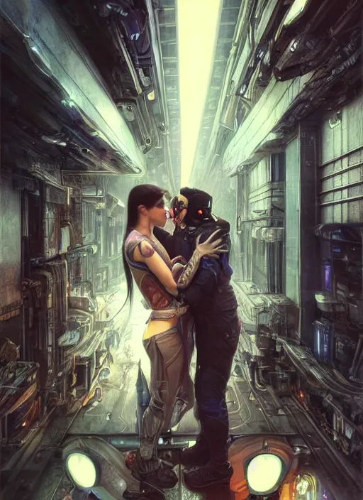 Image similar to ultra realistic medium shot of a couple of cyborgs kissing, lovers, cyberpunk, sci - fi, fantasy, kodak, photorealistic illustration, colour led, soft light, volumetric lighting, night, intricate, highly detailed, digital painting, concept art, smooth, sharp focus, illustration, art by artgerm and greg rutkowski and alphonse mucha