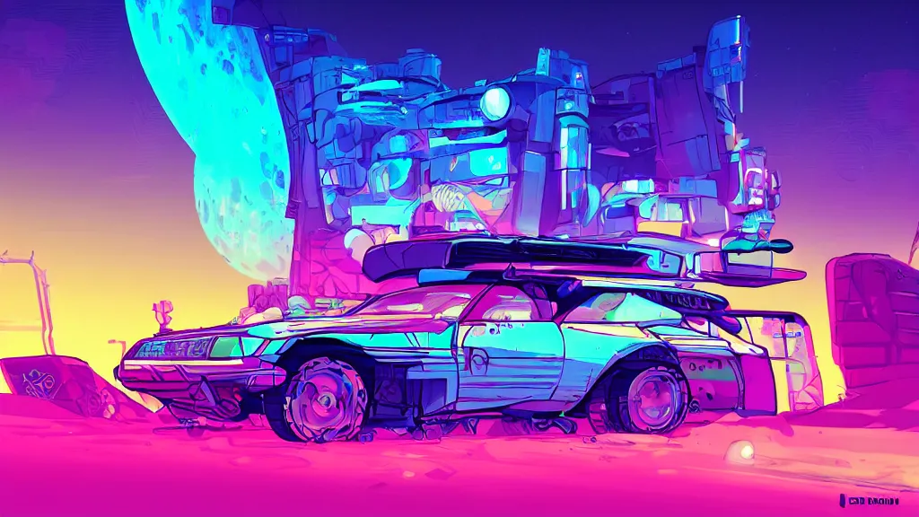 Image similar to an retrowave cyberpunk car on the moon, pastel, colorful, bright, cartoony, digital art