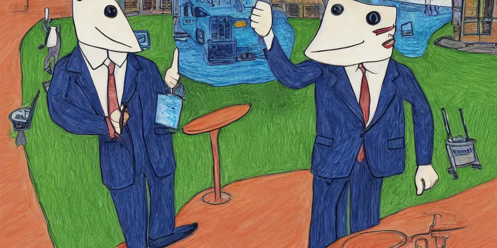 Image similar to an anthropomorphic catfish wearing a suit giving a thumbs up, by lisa hanawalt, by wanda gag