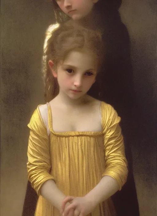 Image similar to shadows in the dark lurking on a lost little girl wearing a gold cloak, backlight, creepy, extremely realistic and highly detailed painting by william - adolphe bouguereau and caravaggio, soft light, gold ratio