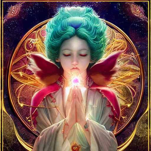 Image similar to clow card style astrologer's prayer, mythology, hidetaka miyazaki, unreal engine 5, art nouveau, vivid colors, intense colors, deep shadows, intricate, symmetry, high detail, elegance, sunlit, clear focus, art of tom bagshaw and quentin mabile, art workstation