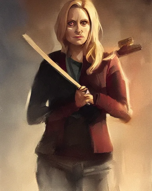 Prompt: beautiful portrait of Leslie Knope as Buffy the Vampire Slayer by Greg Rutkowski