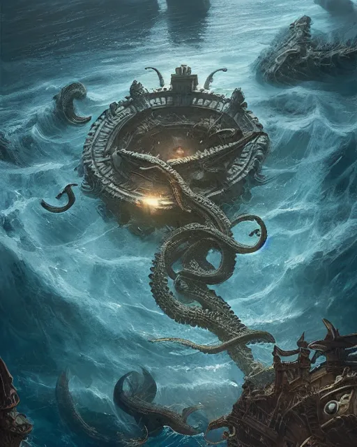 Image similar to An invisible Kraken in the middle of the sea, fantasy art, in the style of greg rutkowski, illustration, epic, fantasy, intricate, hyper detailed, artstation, concept art, smooth, sharp focus, ray tracing