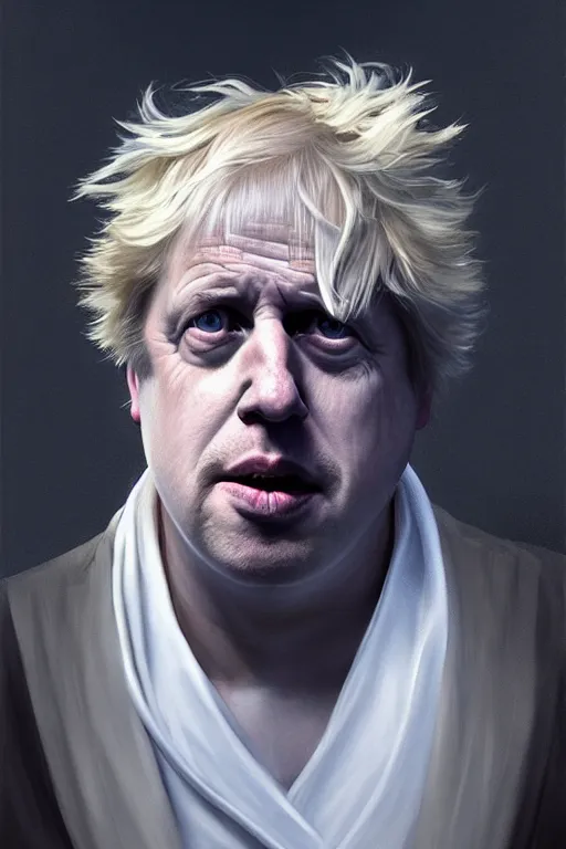 Prompt: Boris Johnson as Rick Sanchez, one single eyebrow, white robe, big eyes, portrait, symmetrical, highly detailed, digital painting, artstation, concept art, smooth, sharp focus, illustration, cinematic lighting, art by artgerm and greg rutkowski and alphonse mucha