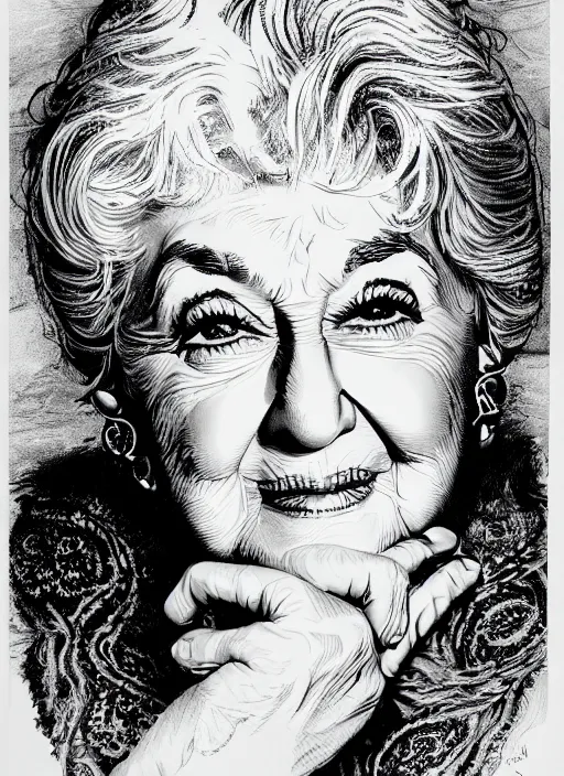 Image similar to highly detailed portrait of bea arthur, pen and ink illustration by simon bisley, global illumination, radiant light, detailed and intricate environment