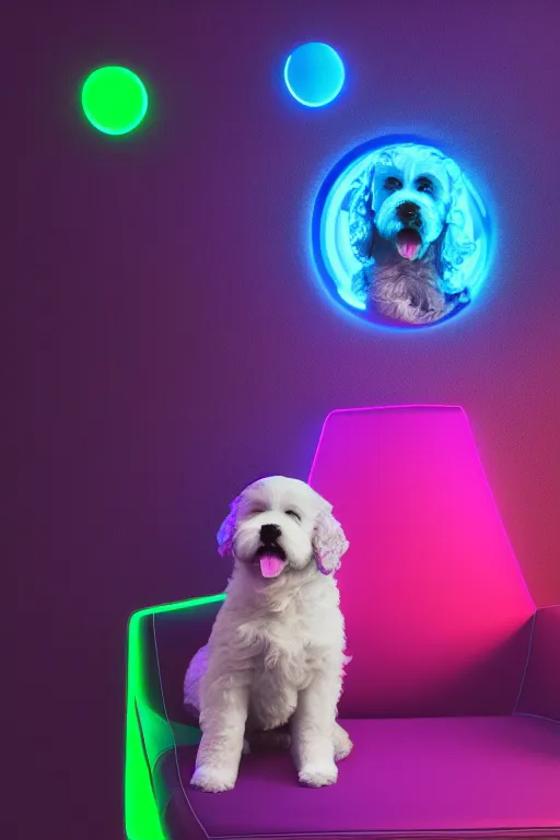 Prompt: a cute bernedoodle puppy sitting in gaming chair + neon rgb light strips, large computer monitor, space themed walls, vaporwave, dramatic, confident, rule of thirds, 4 k, award winning, octane render, volumetric lighting