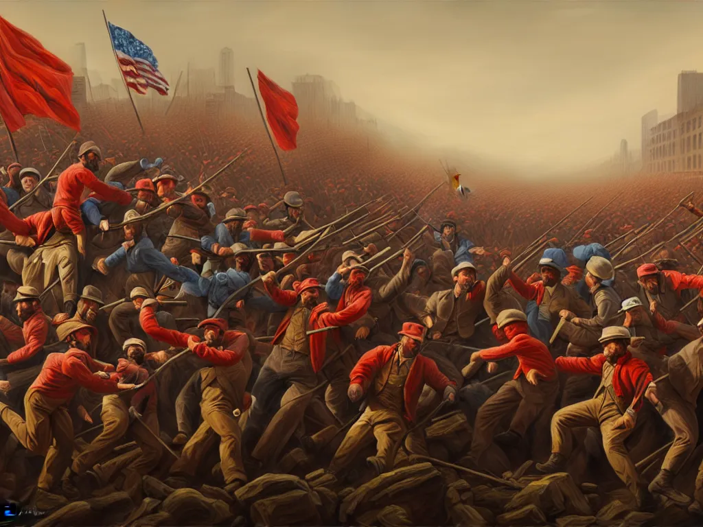 Image similar to landscape painting of the proletariat taking over the means of production in the united states, digital painting, movement, victory, loss, highly detailed, 4 k, art by miguel alandia pantoja