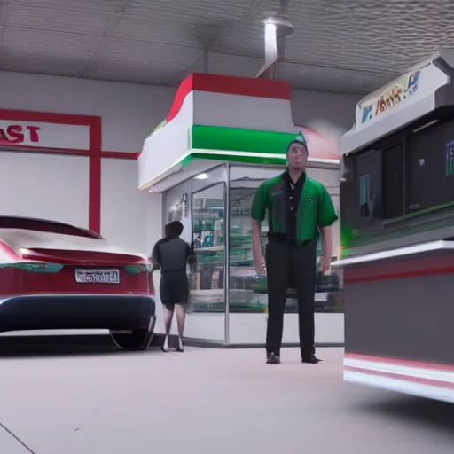 Image similar to Elon Musk manning a 7/11 cashier and wearing their uniform, macro, wide shot, dramatic lighting, octane render, hyperrealistic, HD