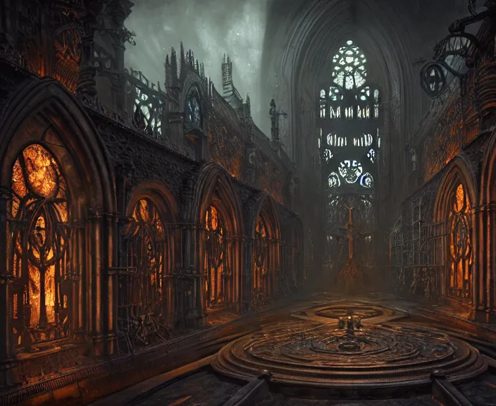 Image similar to steam necropolis, memento mori, gothic, neo - gothic, art nouveau, hyperdetailed copper patina medieval icon, stefan morrell, philippe druillet, ralph mcquarrie, concept art, steampunk, unreal engine, detailed intricate environment, octane render, moody atmospherics, volumetric lighting, ultrasharp, ominous, otherworldly