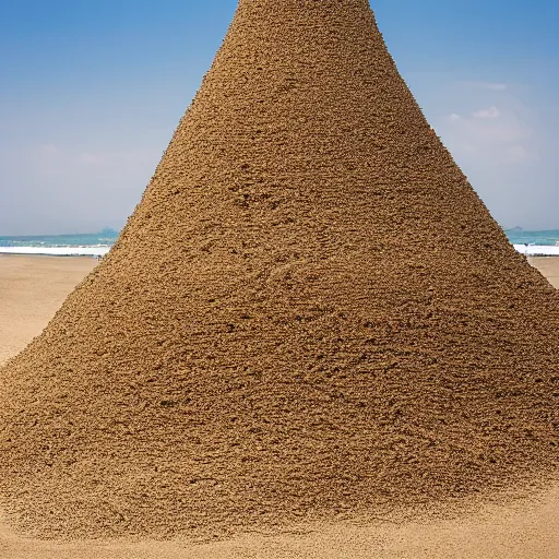 Image similar to a tower of sand on the beach that's taller than the people around it