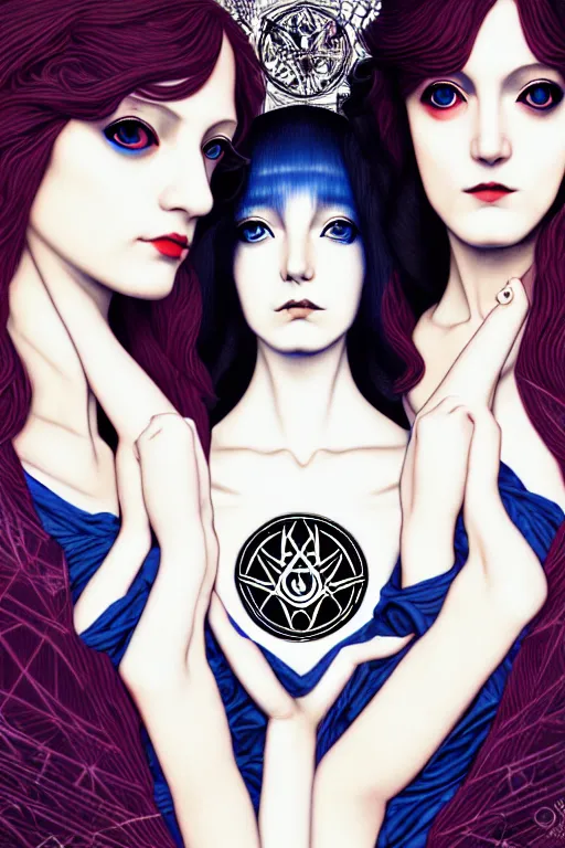 Image similar to triad of muses, representing the 3 winter!!! months of december, january and february, style mix of æon flux, shepard fairey, botticelli, john singer sargent, pre - raphaelites, shoujo manga, harajuku fashion, stark landscape, muted dark colors, superfine inklines, ethereal, 4 k photorealistic, arnold render